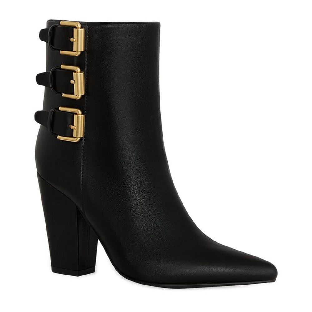 Rebecca Minkoff Black Leather Pointed-Ankle Boots with Gold Buckles